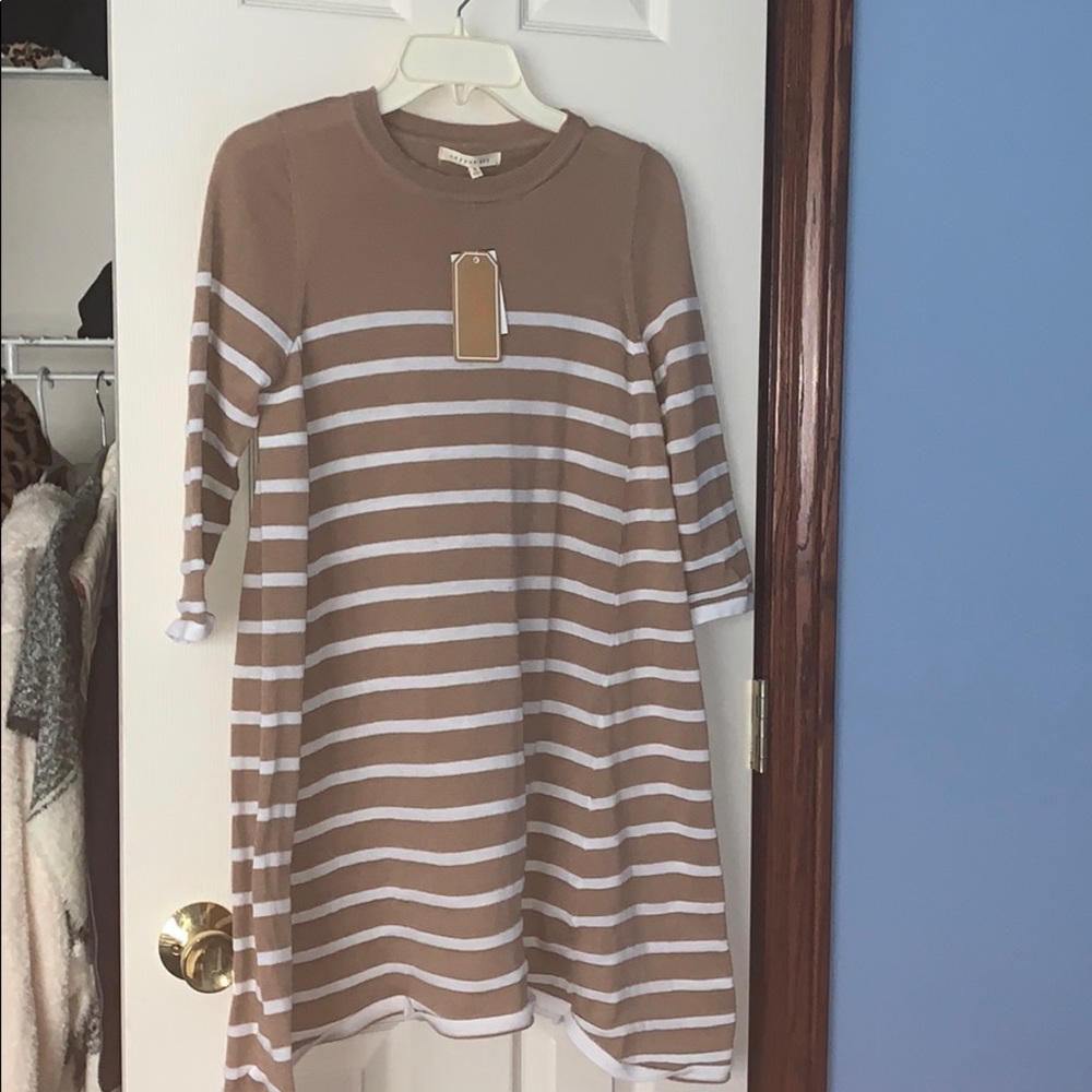 Tan and white striped sweater dress